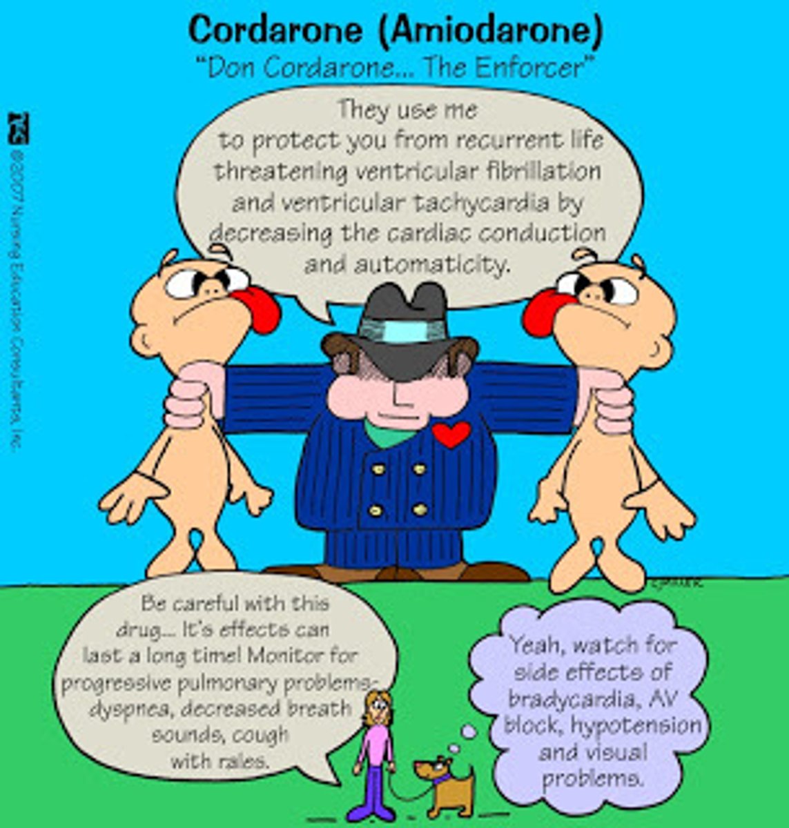 <p>MOA: increase APD, prolong repolarization in phase 3 </p><p>Indication: life threatening ventricular fib, some atrial dysrhythmias</p><p>S/S: bradycardia, hypotension, arrhythmia, hepatotoxicity, pulmonary toxicity, skin sensitive to light, blue gray discoloration of skin </p><p>Blackbox: proarrhythmic effect, pulmonary toxicity, hepatotoxicity, phletitis w/ iv, hypotension, visual problems </p><p>NO GRAPEFRUIT JUICE, ASSESS both bp and hr and last for months</p>