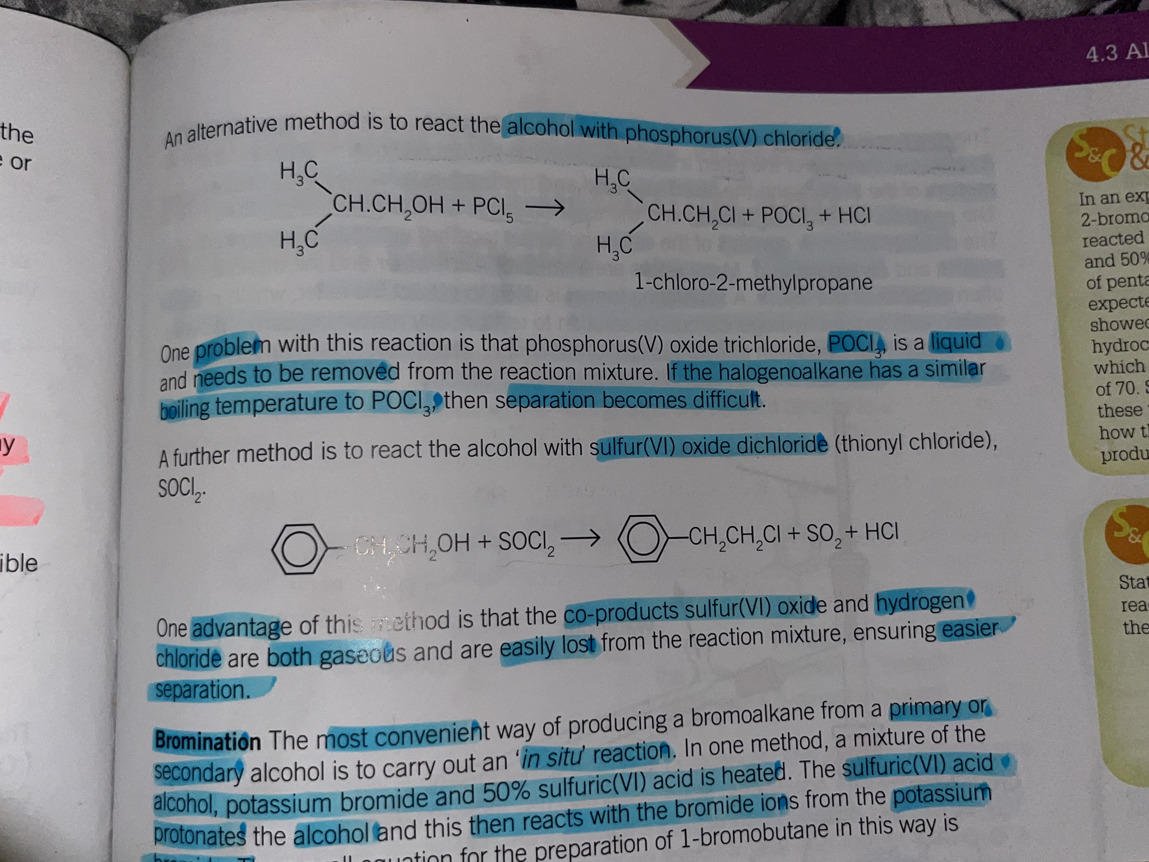 <p>Room temperature</p><p>one problem with this reaction is that phosphorus oxide trichloride (POCl3) is a liquid and needs to be removed from the reaction mixture. if the halogenoalkane has a similar boiling temperature to POCl3 then separation becomes difficult</p>