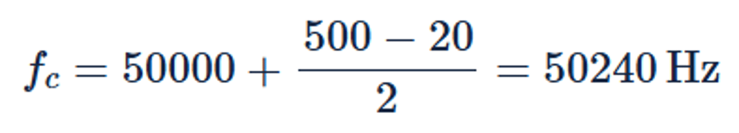 <p>The center frequency is calculated as the average value between the lower and upper ranges of the signal being modulated, with the carrier frequency added to this average.</p>