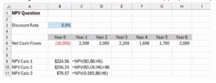 <p>Using the provided view, which cell contains the appropriate NPV calculation. Note the formula for each NPV calculation is shown to the right of the NPV results. Select the most appropriate response.</p>