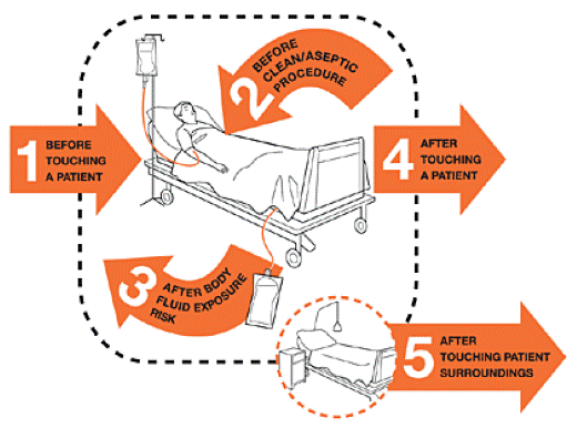 
1. Before touching the patient
2. Before clean/aseptic procedure
3. After body fluid exposure risk
4. After touching a patient
5. After touching patient surroundings