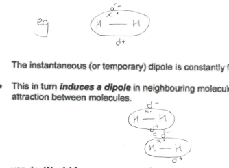 <p>Caused by movement of electrons which unbalances the charge distribution within the molecule, creating an instantaneous dipole across the molecule (which constantly forms and disappears). This in turn induces a dipole in neighbouring molecules, resulting in weak forces of attraction between molecules</p>
