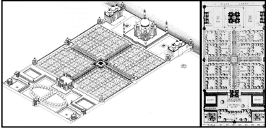 <ul><li><p><span>Chahar bagh&nbsp;</span></p></li><li><p><span>Enter into a foyer space and gate</span></p></li><li><p><span>Raised platform at center for sitting</span></p><ul><li><p><span>On top of central water pool that flows out in 4 directions</span></p></li></ul></li><li><p><span>Garden beds are subdivided into&nbsp; a smaller one</span></p><ul><li><p><span>Hierarchy in paths (smaller paths in smaller beds)</span></p></li></ul></li><li><p><span>Flowering plants</span></p></li><li><p><span>Shade trees</span></p></li></ul>