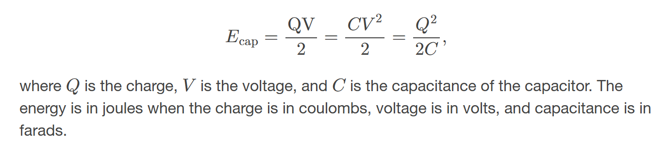 <p>is the work done to charge it, given by the formula U = \frac{1}{2}CV^2, where U is the energy, C is the capacitance, and V is the voltage across the capacitor. </p>