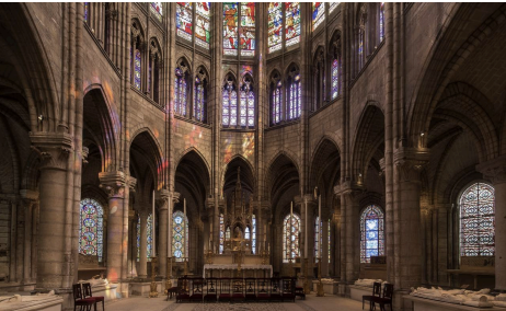 <ul><li><p>Considered the first Gothic church.</p></li><li><p>Rebuilt under Abbot Suger, who introduced Gothic elements.</p></li><li><p>Features ribbed vaults, pointed arches, and large stained-glass windows.</p></li><li><p>Emphasized light as a symbol of divine presence (“lux nova”).</p></li><li><p>Burial site of French kings.</p></li><li><p>Marked the transition from Romanesque to Gothic architecture.</p></li></ul><p></p>
