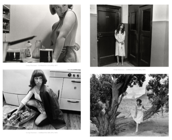 <p>Cindy Sherman - 1977-80</p><p>self-portraits</p><p>creates characters - dresses up as if she’s in a movie and these are taken during the shooting of the movie</p><p>captures in film the way women in society are generally treated</p><p>this is all make-believe and it’s quite ambiguous what she’s getting at</p>
