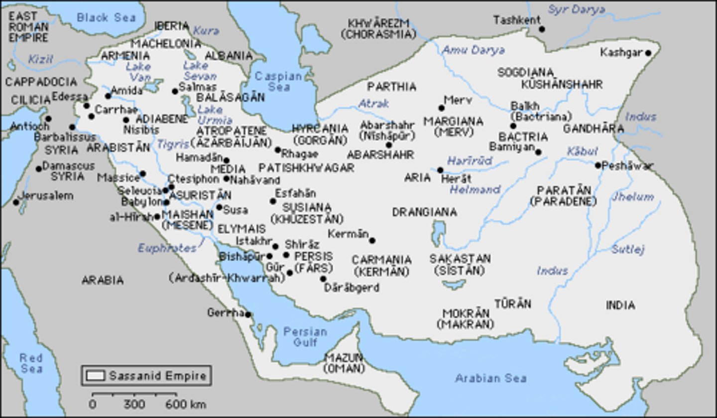 <p>The name of the last pre-Islamic Iranian (Persian) empire. It was one of the two main powers in Western Asia for a period of more than 400 years. Was founded by Ardashir I after defeating the last Parthian (Arsacid) king, in Persia,also involving a revival of a revival of the Persian religion Zoroastrianism). Fought the Byzantines, which weakened them both.</p>