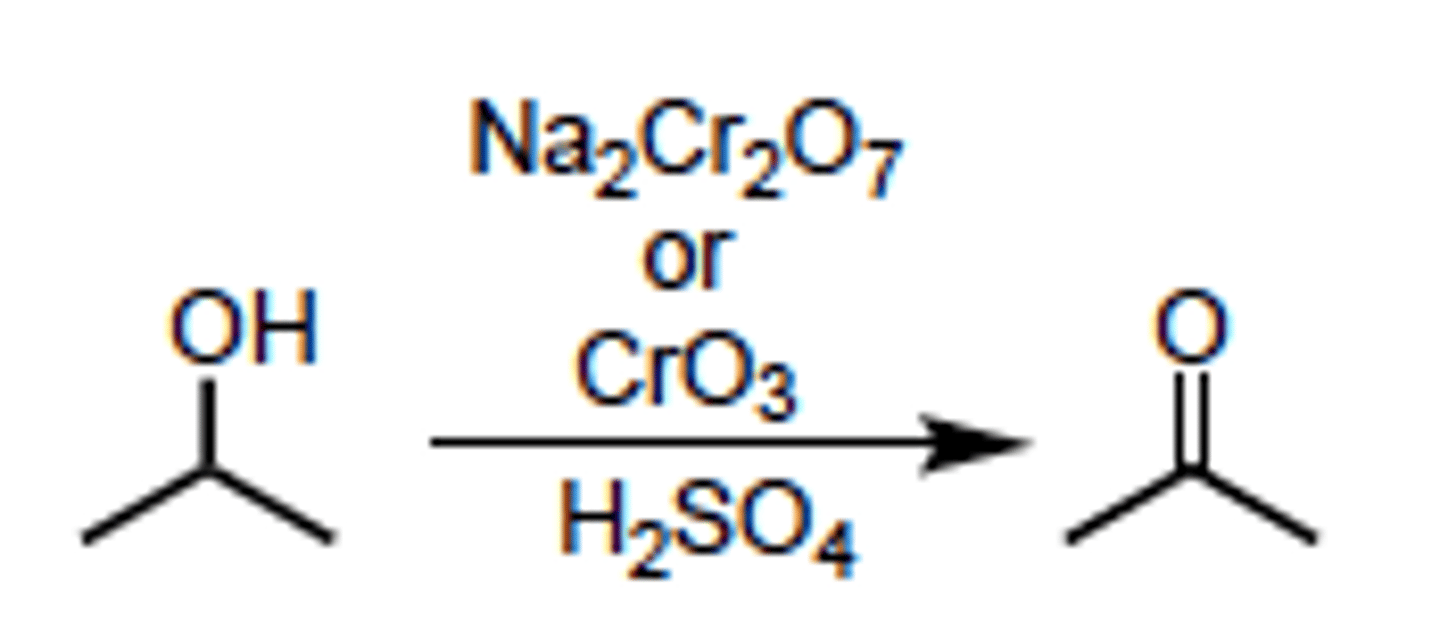<p>- oxidation of a secondary alcohol</p><p>- Can use:</p><p>--&gt; Na2Cr2O7</p><p>--&gt; K2Cr2O7</p><p>--&gt; CrO3</p><p>--&gt; PCC</p>
