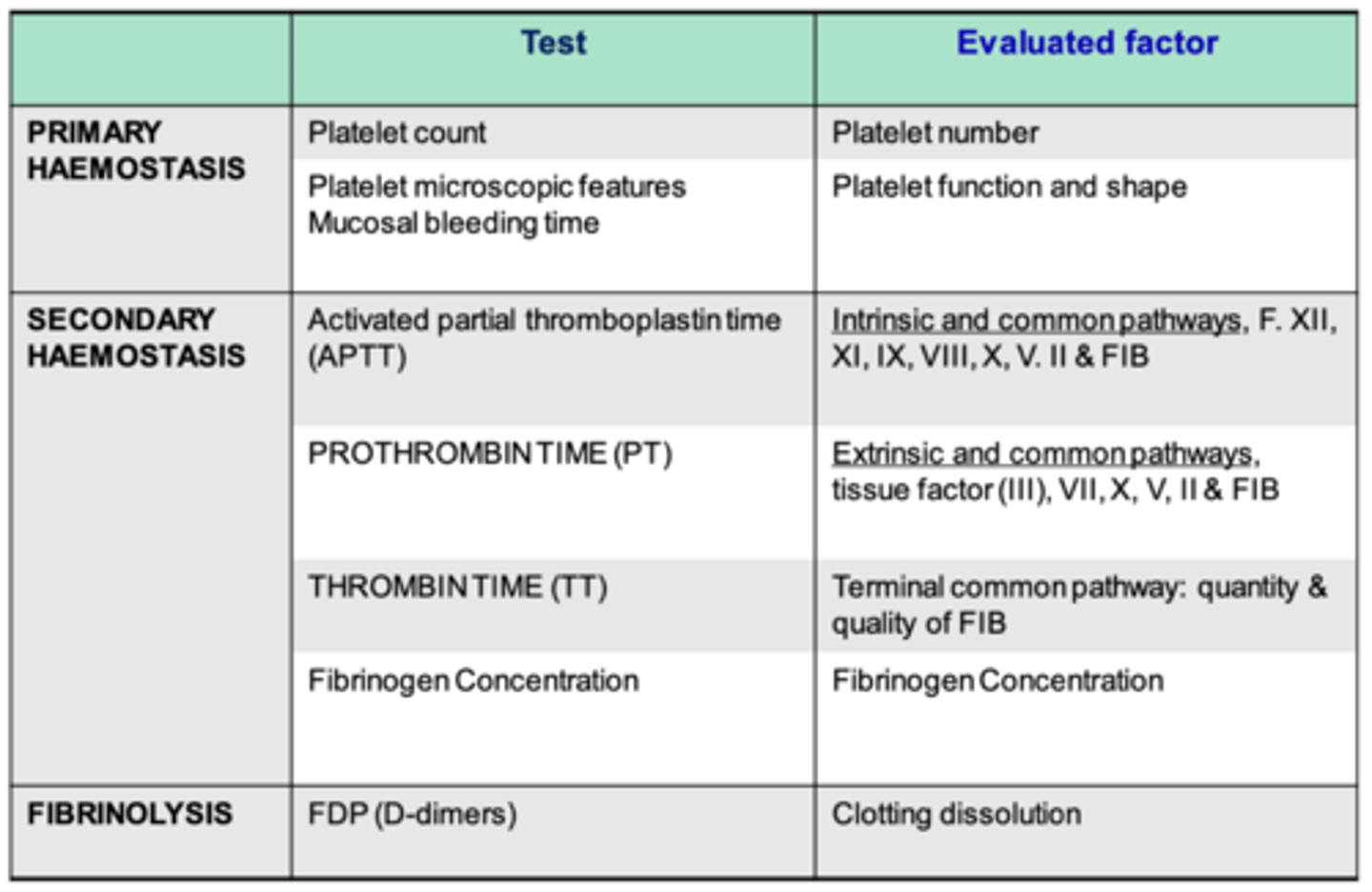 <p>activated platelet thromboplastin time- intrinsic and common pathways</p><p>prothrombin time- extrinsic and common pathways</p><p>thrombin time- terminal common pathway</p><p>fibrinogen concentration</p>