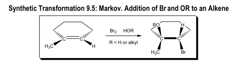 <ul><li><p>Markov addition of Br and OR to alkene ring</p></li></ul><p></p>