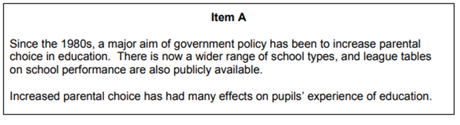 <p>2017: Applying material from Item A, analyse two effects of increased parental choice on <u>pupils’ experience</u> of education. [10]</p>
