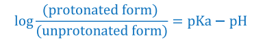 <p>ratio of protonated to unprotonated molecules of a drug with certain pKA, in a medium of given pH</p>