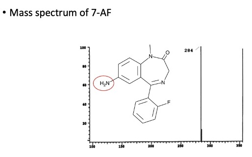 <p><span>The mass spectrum of the metabolite, 7-AF show a molecular ion at m/z 284, the same mass as the fragment ion for flunitrazepam. However, this is not the same compound – again, the difference is at the NH<sub>2</sub> group.</span></p>