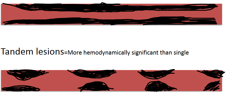 <p>tandem lesions is when there are two or more stenotic lesions occurring in a serios, they had a more pronounced effect on blood pressure and flow then a stenosis does </p><p>stenosis- single long lesion, less hemodynamically significant.</p>