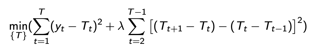 <p>Hodrick-Prescott filter: separates long-term comp from short term cyclical fluctuations (Ct = yt - Tt)</p><p></p><p>Term 1: ensures trend Tt follows yt closely </p><p>Term 2: penalizes <> in slope of T to ensure smoothness </p><p></p><p>Standard smoothing parameter: lamda = 1600, … </p>