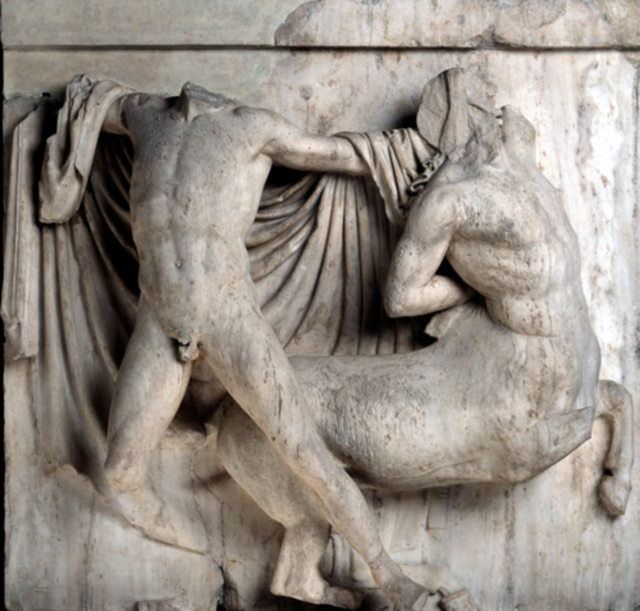 <p>172 cm tall, High relief (more than half of the natural circumference protrudes from the background), depicts Lapis battle with Centaur</p>