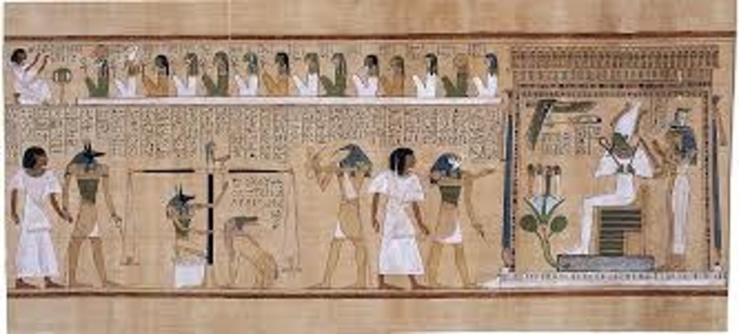 <p>(from Book of the Dead)</p><p>(New Kingdom, c. 1275 BCE. Painted papyrus scroll)</p><p>Content: Continuous narrative showing Hu-Nefer’s soul being judged: led by Anubis, heart weighed against feather of Ma’at, Ammit waiting, then Hu-Nefer presented to Osiris.</p><p>Form: Painted papyrus; hieroglyphic text; registers organize story; composite view of figures.</p><p>Function: Funerary text ensuring successful journey to afterlife; guidebook for soul.</p><p>Context: Book of the Dead personalized for wealthy individuals; reflects Egyptian belief in afterlife, morality, and divine justice.</p>