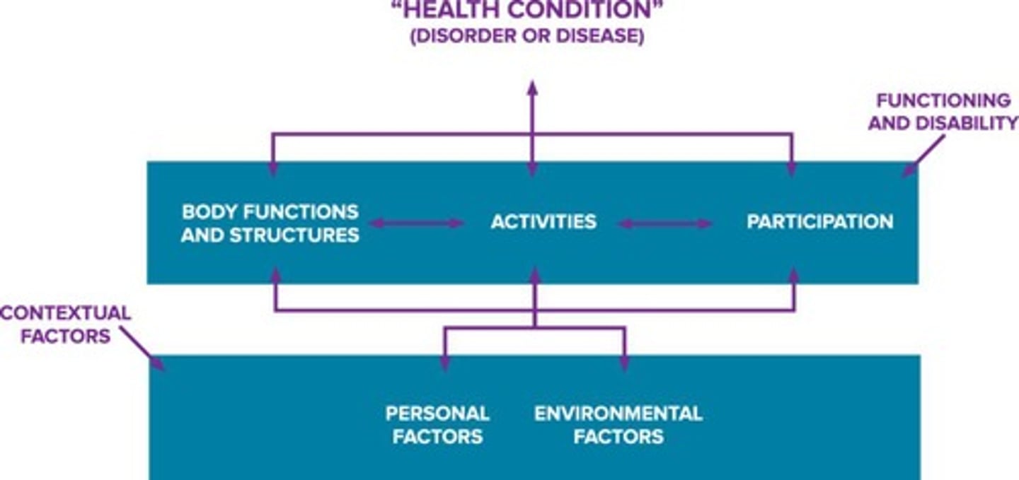<p>It emphasizes the interaction between health conditions and personal/environmental factors.</p>