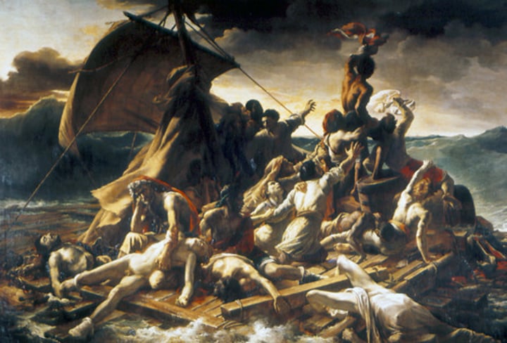 <p>Théodore Gèricault, 1818-1819, Romanticism, France, oil on canvas. Usually, large paintings were for important/heroic subjects, but this showed the opposite. It depicts people who were abandoned at sea and represents an anti-monarch/king theme.</p>