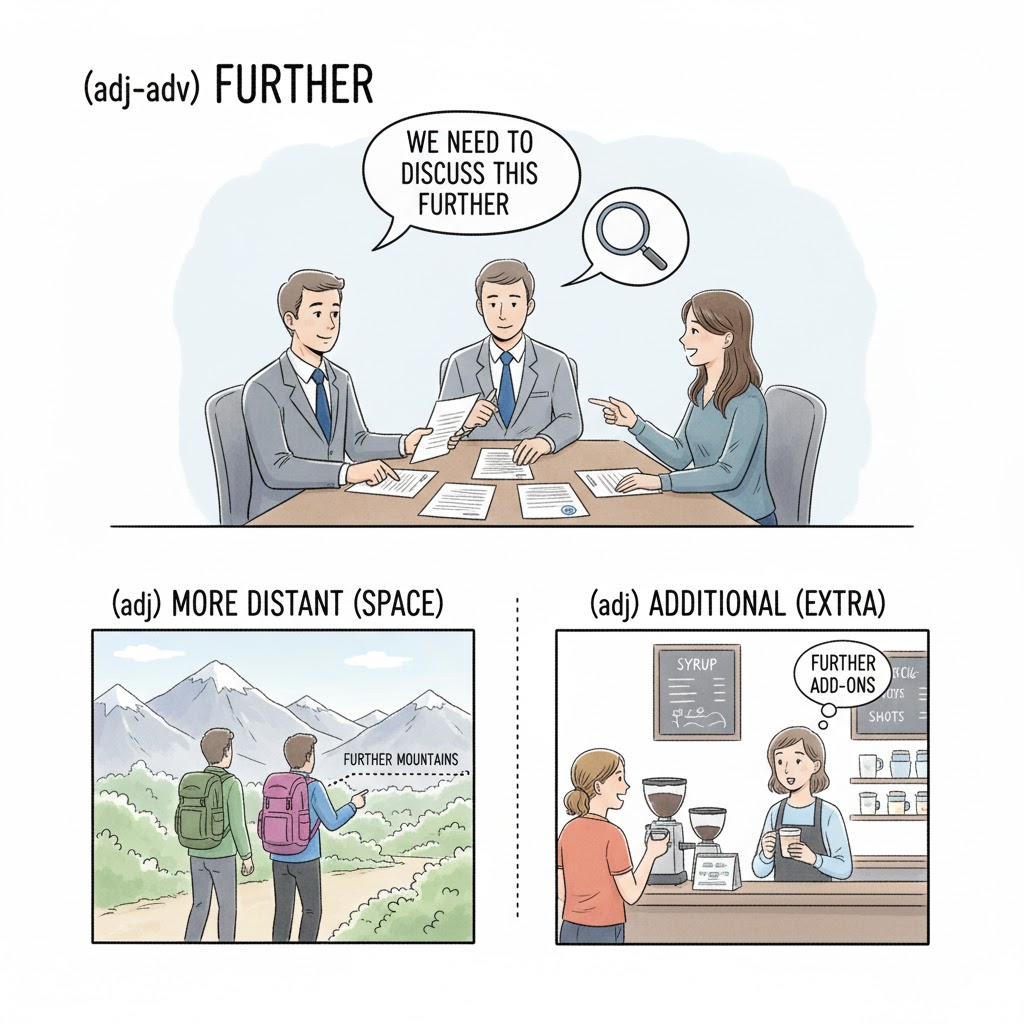 <p><strong>more distant in degree, time, or space; additional</strong></p><p> (xa hơn, thêm nữa, sâu hơn)</p>