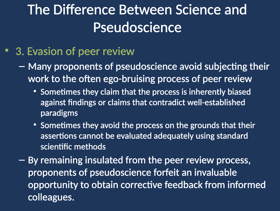 <p><strong>Evasion of peer review</strong> refers to the practice of avoiding the <strong>peer review </strong>process—a standard procedure in science where other experts evaluate research. Proponents of pseudoscience often refuse to submit their work for this process, which is seen as essential for ensuring scientific rigor and credibility.</p>