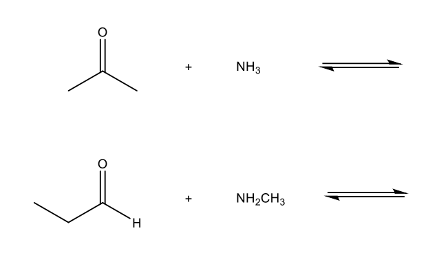 <p>NH3 and RNH2 add to aldehydes and ketones to yield imines.</p>