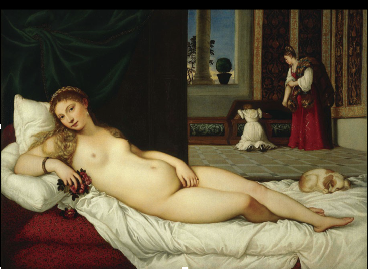 <ul><li><p>1538, Rome, Oil on Canvas</p></li><li><p>Roses in her hand are iconography</p><ul><li><p>Associated with godddess Venus</p></li><li><p>Dog by feet is sign of fidelity</p></li></ul></li><li><p>Cassone (marriage trunks)</p><ul><li><p>Large furniture chests made for couples after being married</p></li></ul></li><li><p>Thus is not just erotic love, but marriage</p></li><li><p>Does look at viewer though coyly</p></li><li><p>Venetian painting values</p><ul><li><p>Sensual subject matter</p></li><li><p>Rich and complex colors</p></li><li><p>Softness + sensuality of brushwork</p></li></ul></li></ul>