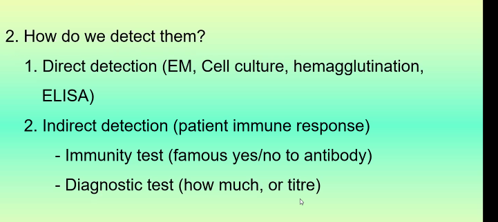<ul><li><p>presence or absence of antibody against a given virus</p></li><li><p>a method for detection of immune rxns triggered in patient’s immune system&nbsp;</p></li></ul><p></p>