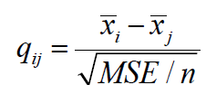 <ul><li><p>MSE from within group variation from ANOVA</p></li><li><p>if qij is &gt; q crit (with N-a df, same as ANOVA), reject H0</p></li></ul>