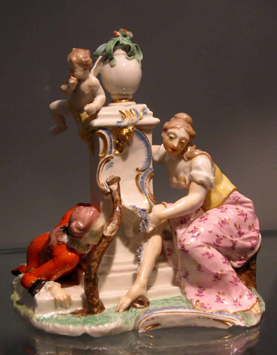<p>(Nymphenburg Porcelain Manufactory, Bavaria) and Falconet (as director of the Sèvres Porcelain Manufactory) produced charming figurines that reflected Rococo ideals of love, joy, and aristocratic leisure</p>