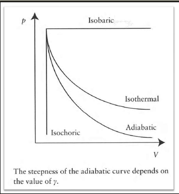 <ul><li><p>isothermal: temperature remains constant, PV = constant</p></li><li><p>isochoric: volume remains constant, P/T = constant</p></li><li><p>isobaric: pressure remains constant, V/T = constant</p></li><li><p>adiabatic: no heat exchanged between system/surroundings: PV<sup>γ</sup> = constant</p></li></ul><p></p>