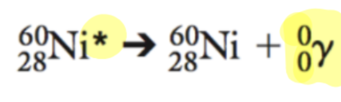 <p>not particle, high frequency, high energy, short wavelength of the electromagnetic spectrum, can penetrate most materials, requires lead or thick concrete to stop, does not change the mass/atomic number of the atom</p>