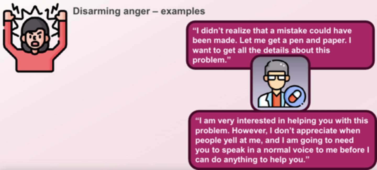<p>- extremely useful protective technique</p><p>- offered to another person exhibiting a lot of anger and who may bordering on physical violence</p><p>- writing down an angry person's comments will often help to defuse the anger-slows person down, cant write as fast as they yell; will choose words more cautiously when a record is being kept</p>
