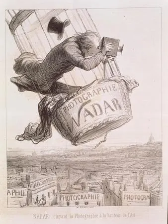 <ul><li><p><strong>ID:</strong> Honoré Daumier, 1862 CE, Lithograph, France</p></li><li><p><strong>Content:</strong> The caricature shows Nadar (a famous photographer) dangerously floating in a hot-air balloon, taking photographs.</p></li><li><p><strong>Function:</strong> Satirizes the debate over whether photography is a legitimate art form.</p></li><li><p><strong>Context:</strong> Photography was newly emerging, and many questioned its artistic merit.</p></li><li><p><strong>Form:</strong> Loose lines, exaggerated figures, comedic tone.</p></li></ul><p></p>