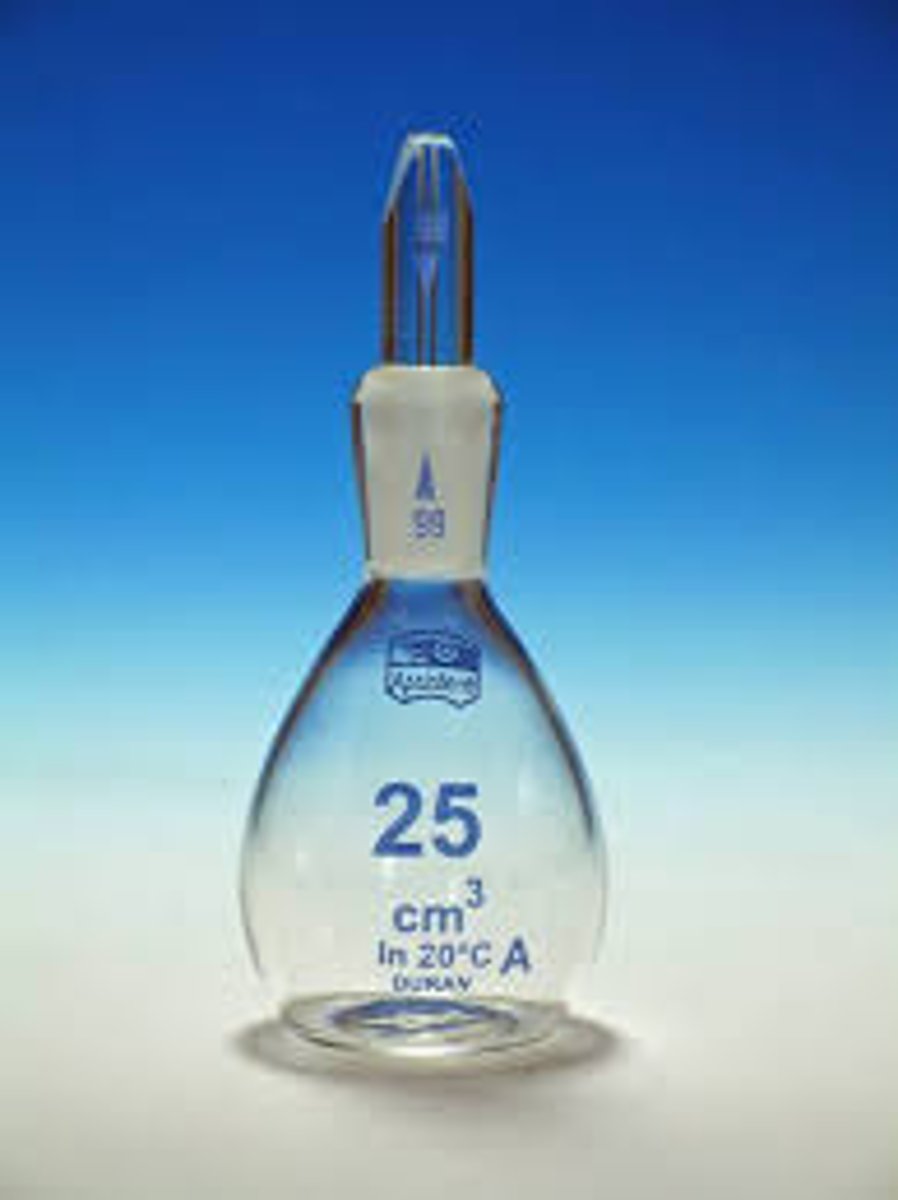 <p>a container used for determining the density of a liquid or powder, having a specific volume and often provided with a thermometer to indicate the temperature of the contained substance.</p>