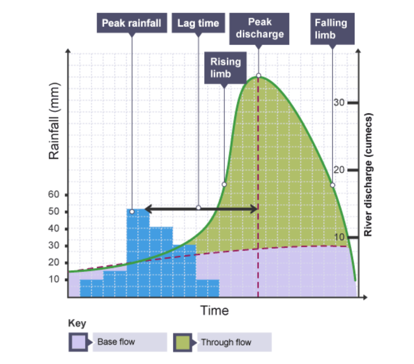 <p>Storm hydrographs represent the variation in the river’s discharge (the volume of water passing through the river channel at a specific point) within a short period. They are useful in showing how precipitation affects a drainage basin.</p>