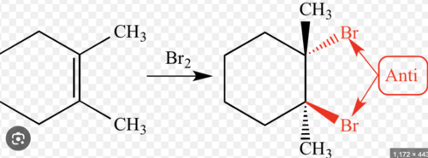 <p>atoms/groups point in opposite directions, 180 dihedral angle</p>
