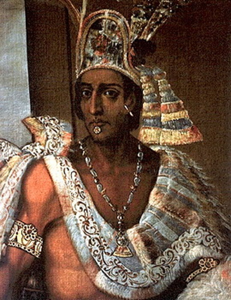 <p>-Aztec ruler who was taken captive by Spanish Conquistador Hernan Cortes, he actually "ruled" from captivity before being killed</p><p>-He is THE Major ruler you need to know for the Aztecs</p><p>-Before Cortes, conquered far and wide and expanded the Aztec empire</p><p>-Was incredibly rich, tons of gold and other goods</p><p>-As with most Aztecs, noted for personal cleanliness and hygiene, often bathed twice a day with natural soaps and herbs</p>