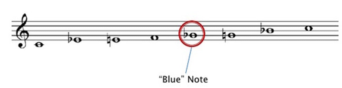<p>A note that has been altered or flattened in blues music, most frequently the 3rd 5th of 7th degree of the scale</p>
