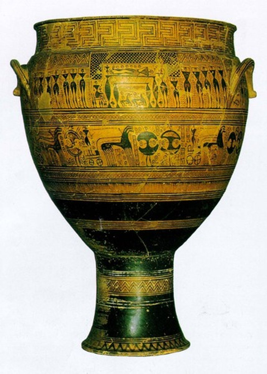 <p>Ceramic funerary vase from the Late Geometric period (ca. 750 BCE) that commemorates a male burial and features an ekphora scene depicting a funeral procession.</p>