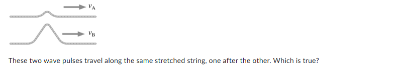 <p><span><span>These two wave pulses travel along the same stretched string, one after the other. Which is true?:</span></span></p><p></p><p>VA > VB</p><p>VB >VA</p><p>VA = 0 and VB = 0</p><p>VA = VB</p><p>Not enough information to tell</p>