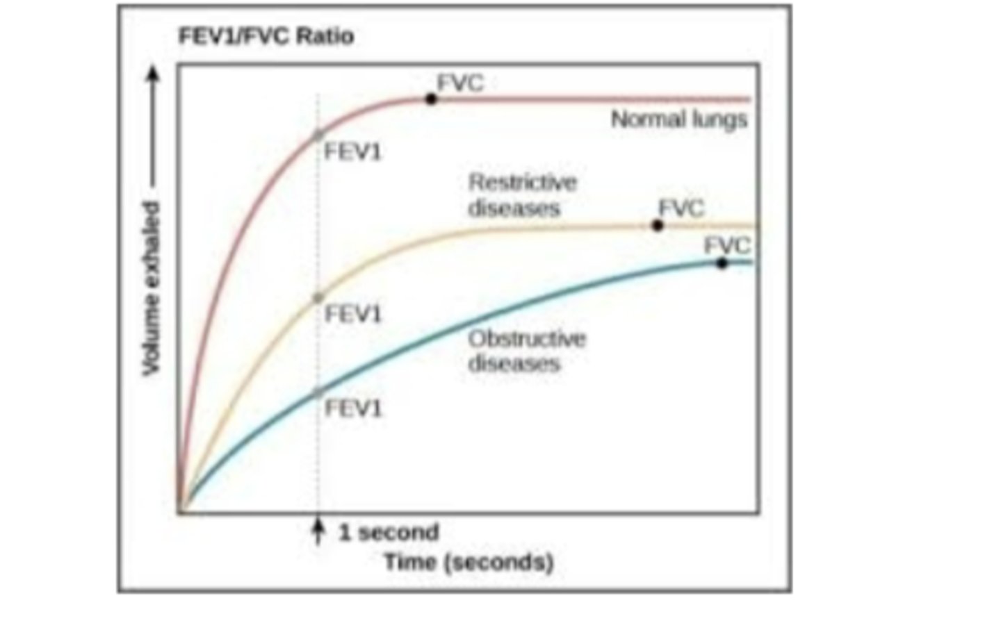 <p>FEV1/ FVC ==&gt; volume of air forcefully expired in 1 second/forced vital capacity (how much air pt can force into lungs)</p><p>1.) pt fills lungs to vital capacity = FVC</p><p>2.) forcefully expires &amp; FEV1 recorded</p><p>3.) FEV1/ FVC should be at least 70% or it indicates increased airway resistance (obstruction)</p>