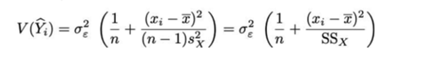 <p>door:</p><p>- σ²ε</p><p>- n</p><p>- s²x</p><p>net zoals V(B₀) en V(B₁)</p><p>MAAR ook door: (xᵢ - xˉ)^2</p><p>-> hoe dichter xᵢ bij het gemiddelde (x̄ ) ligt, hoe kleiner de variantie en bijgevolg hoe beter de predicties</p>