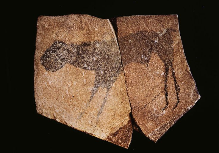 <p>c. 25,000 BCE in Africa, found in a cave, stones with charcoal drawings of animals, some of world's oldest works of art, animals depicted in profile, made by groups of hunter-gatherers, Paleolithic.</p>