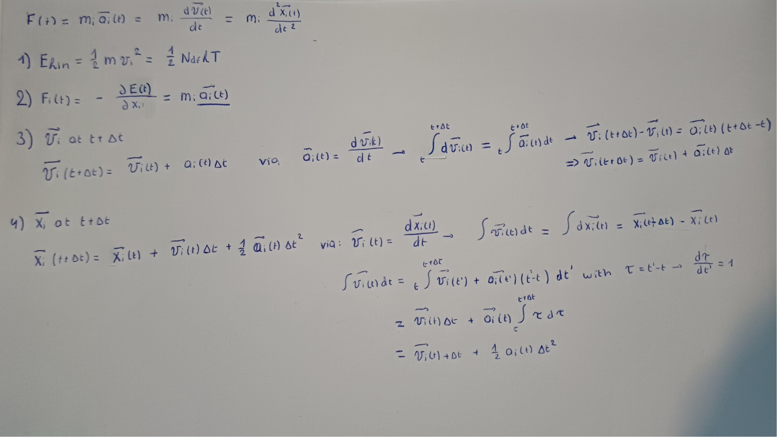 <p>Start dynamics according to Newtons laws of motion</p><p><u>Essence of MD: </u>if we know the force acting on all atoms we can calculate the a, v and x over time</p><ol><li><p>assign each atom an initial velocity based on th <strong>gaussian </strong>distribution at a certain T</p><ol><li><p>give us the kinetic energy</p></li></ol></li><li><p>Calculate the force on each atom</p><ol><li><p>derivative of the energy, an can be used to calculate acceleration</p></li></ol></li><li><p>calculate the speed at the next step</p><ol><li><p>from a and t</p></li></ol></li><li><p>calculate the postion at the next step</p><ol><li><p>from v<sub>i</sub> , a<sub>i</sub> and t</p></li></ol></li><li><p>Energies and coordinates are written to trajectory files</p></li><li><p>repeating this process generates the MD trajectory</p></li></ol><ul><li><p>the time step is usually 2 fs = 2 ×10<sup>-15</sup> s</p></li></ul><p></p>