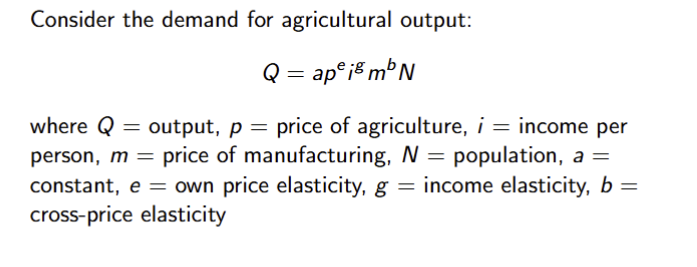 <p>The way they generate daya for the 18C</p><p>Dean and Cole (1962) and Overton (1996) follow the “population” methood </p><ul><li><p>assume constant consumption per person and back project food output from 19C</p></li><li><p>Constrain the equation to Q = aN (output = constant*population) - assumes price elasticity, income elasticity and cross-price elasticity are 0 </p></li></ul><p>Jackson(1985) and Allen (1999) follow the “demand curve” method </p><ul><li><p>Assume entire demand curve must be estimated </p></li><li><p>Elasticities based on 20C developing countries or 19C budgets</p></li></ul><p></p>