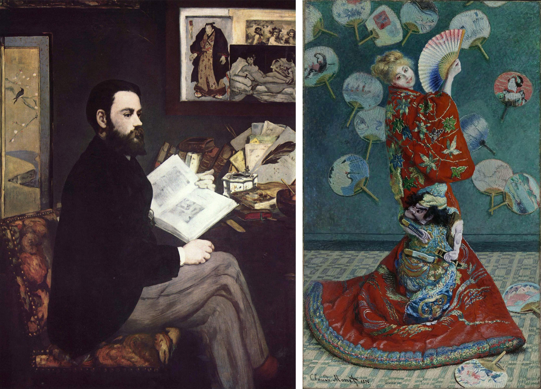 <p>Emilie Zola 1868</p><p>the impressionist style is drawn from japanese style and depictions of japanese woodblocks show the late 19th century fascination with Japanese art and decoration</p>