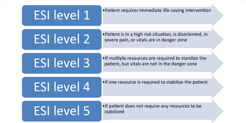 <p>1 = life-threatening and 5= stable/minimal resources </p>