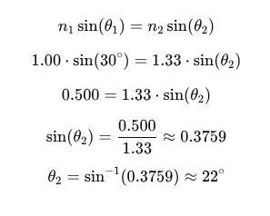 <p>The angle of refraction is approximately <strong>22°</strong>.</p>