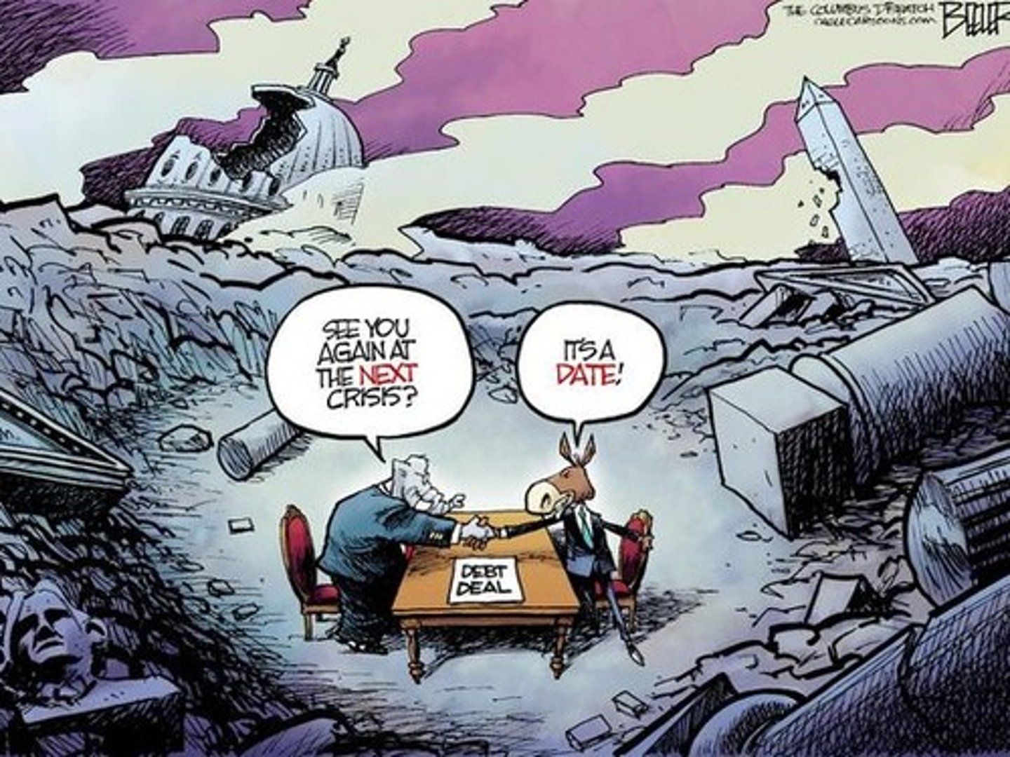 <p>A situation caused by the failure of Congress and the president to reach agreement on a new budget and that may result in the shout down of government programs.</p>